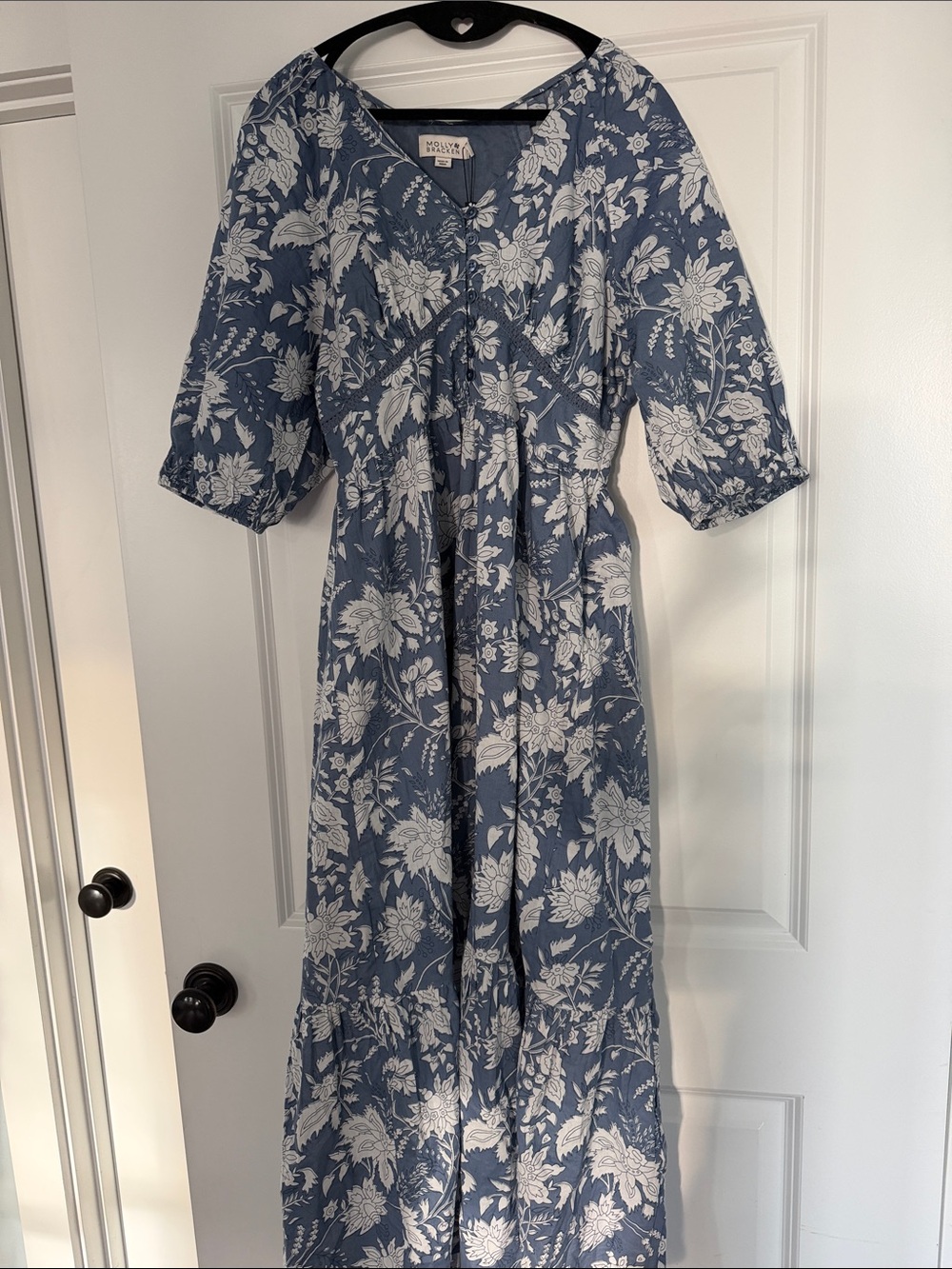 Molly Bracken 100% cotton block print Dusty Blue Floral Maxi Dress